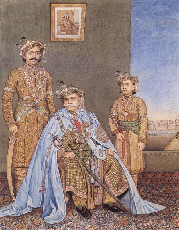 His Highness Ishwari Prasad Narayan Singh,Maharaia of Benares Seated,with Prabhu Narayan Singh and Aditya Narayan Singh Standing Behind as well as a p, Madho Prasad,Ramnagar